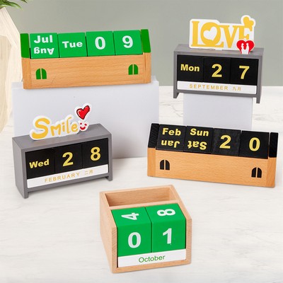 Elegant Wooden Perpetual Desk Calendar with Pen Tray